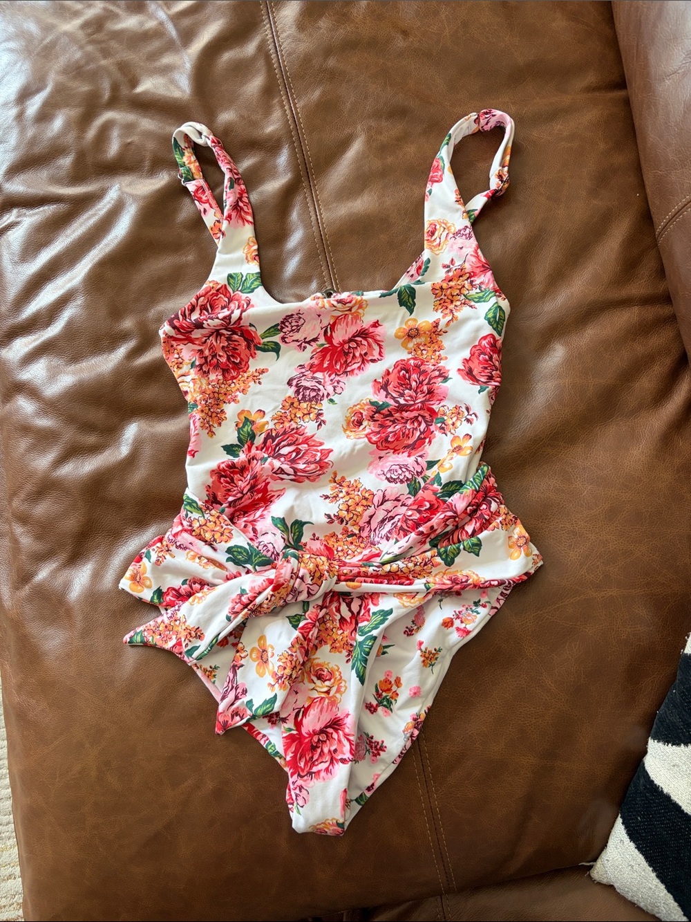 White Floral One-Piece Swimsuit with Pink Red Flower Print